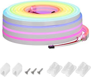Striscia LED IP67 5m con IC WS2811, alta densità 108 LED/m, banda siliconica 8mm, alimentazione DC 24V, RGB, acqua e polvere resistente, adatta per ambienti interni.