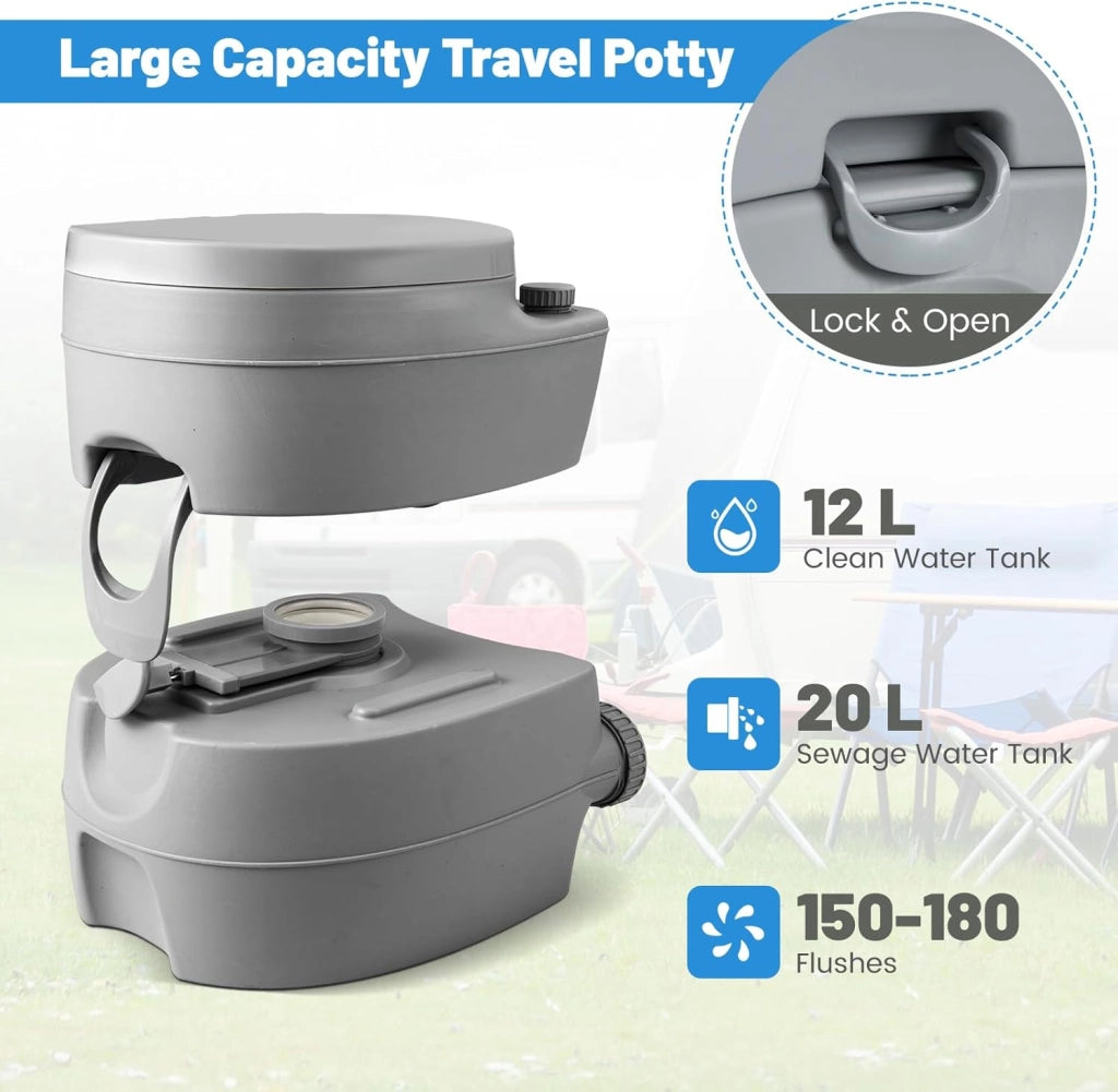 WC Portatile, Bagno Chimico con Pompa di Risciacquo, Serbatoio Acque Reflue 20L, Maniglia, Carico 150 kg, Altezza Seduta 40 CM, Toilette Portatile per Campeggio, Viaggi, Auto