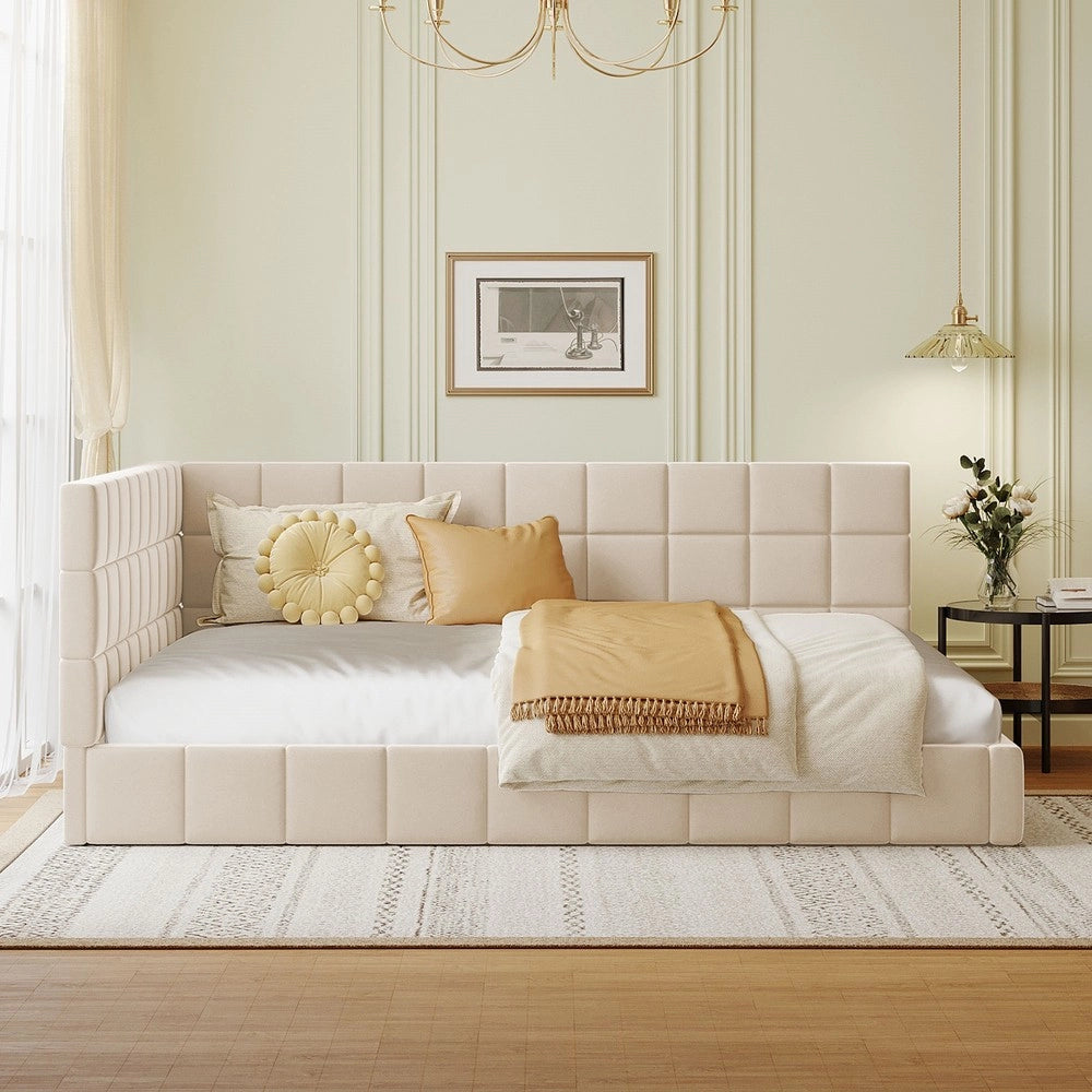 Letto Imbottito con Rete a Doghe ¨C MINIMAL ¨C Velluto Beige 140x200