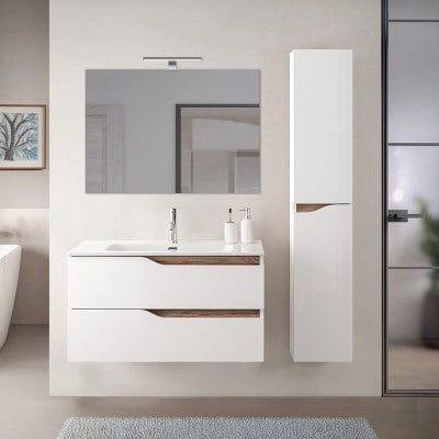 Mobile bagno sospeso 100cm bianco e quercia con pensile e lavabo Sumya