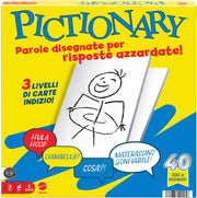 Pictionary, l`iconico gioco da tavolo per tutta la famiglia, 2 squadre con indizi in italiano, pennarelli cancellabili,