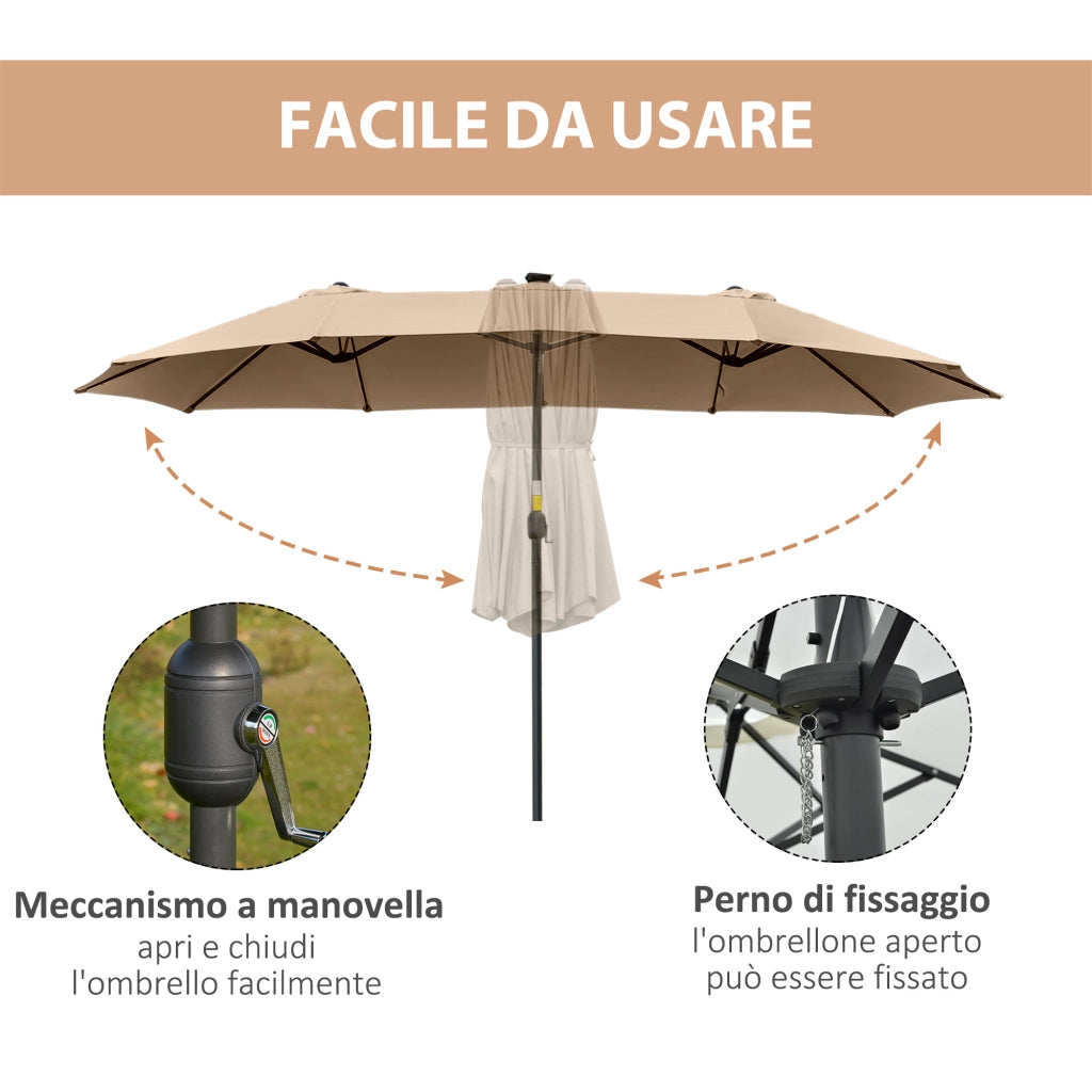 Ombrellone da Giardino Doppio 4.5m con 48 Luci LED e Manovella, Cachi