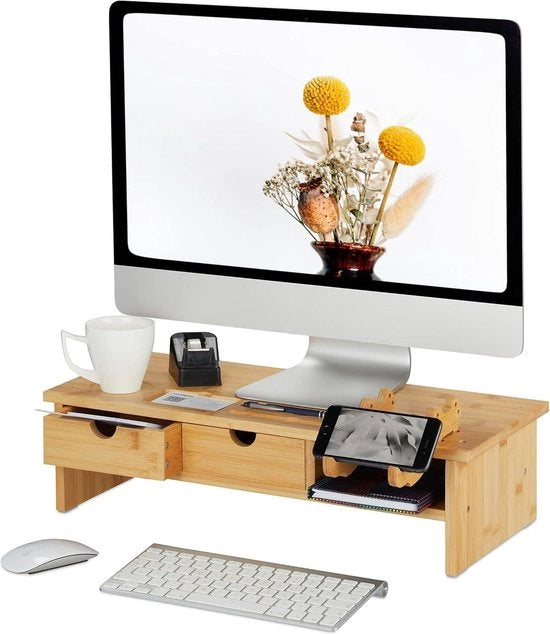 Monitor stand con 2 prese e supporto per telefono in bambù - Elevatore dello schermo per scrivania - Dimensioni: 14x54x23 cm - Design naturale