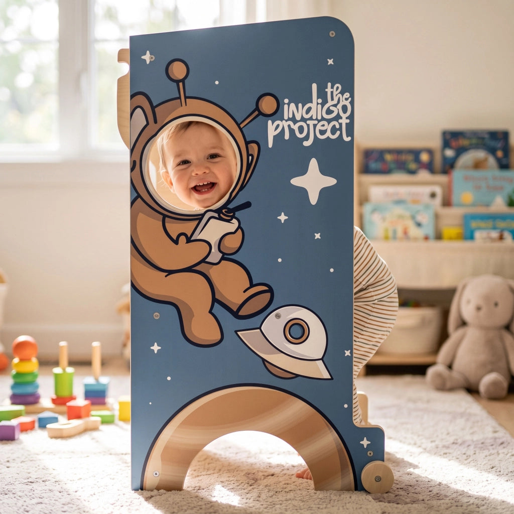 Castle Gate - Torre Montessori multifunzionale 3 in 1 per bambini a partire dai 24 mesi, 58x50x90 cm con lavagna e cestino in legno