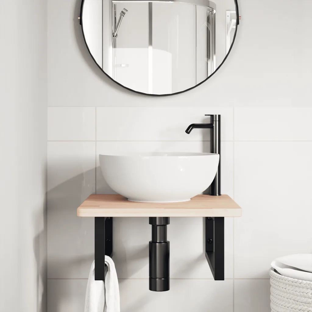 Ripiano a Parete per Lavabo in Acciaio e Massello di Rovere 3302381
