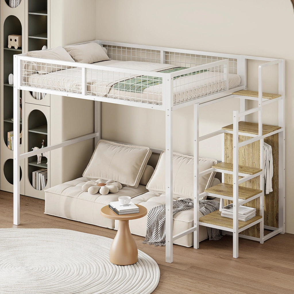 LETTO A CASTELLO 140x200 cm in metallo bianco con scala e armadio