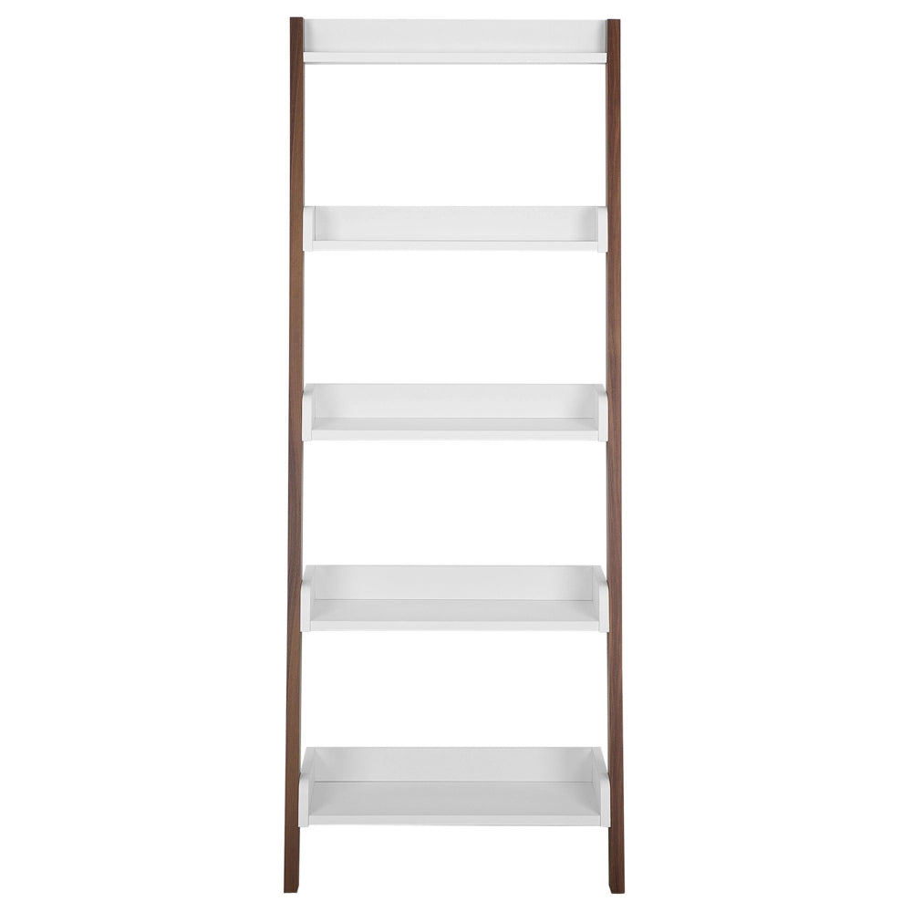 Libreria a a scala 5 ripiani in legno scuro con espositore per libri bianco