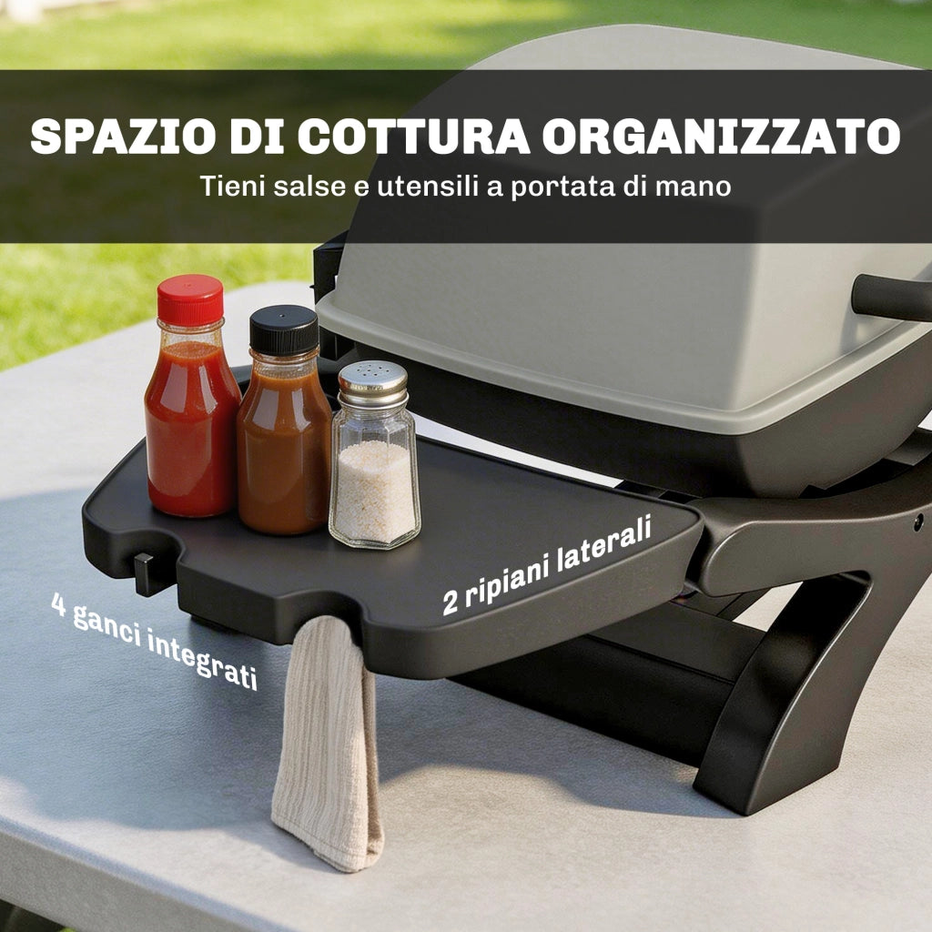 barbecue elettrico 2300W, portatile da tavolo con ripiani laterali, colore nero.