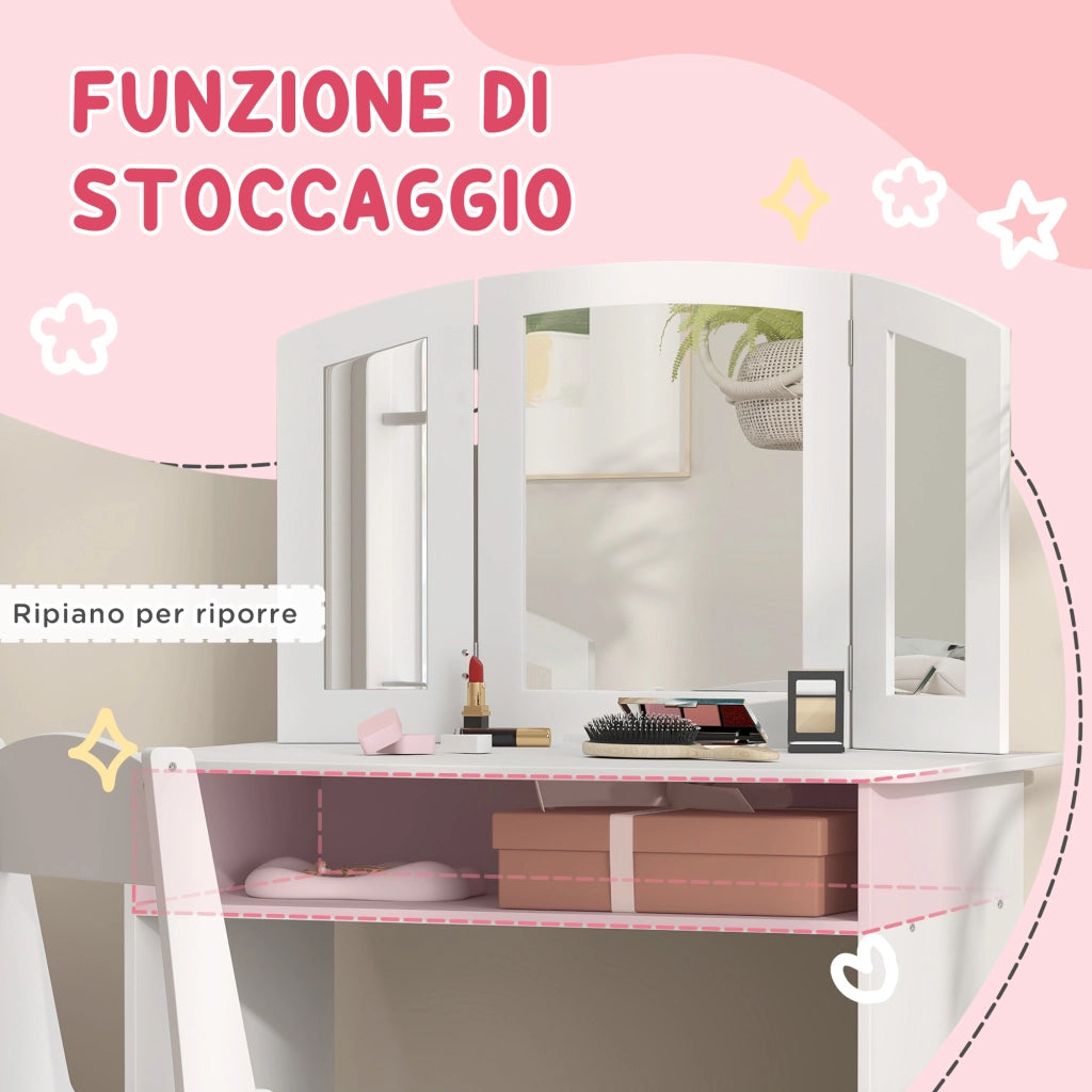 Tavolo Toeletta con Specchio e Sedia per Bambini ¨C Minimal ¨C Bianco Legno
