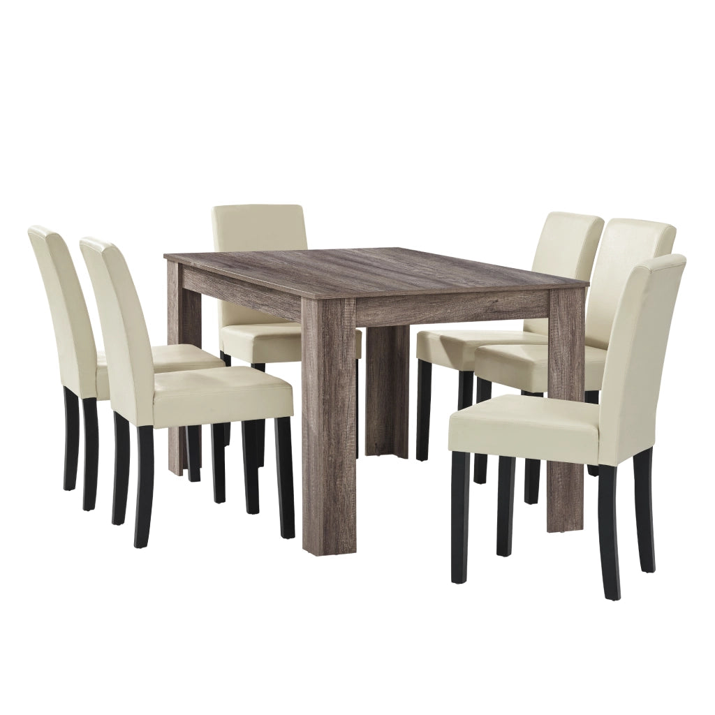 Set Pranzo con Tavolo 140x90 cm e 6 Sedie in Similpelle - Effetto Rovere Antico / color Crema  [en.casa]