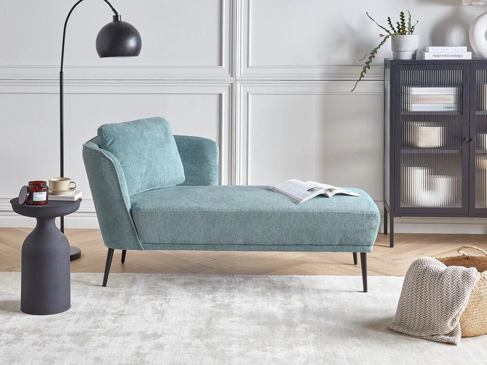 Chaise longue con cuscino in tessuto blu lato sinistro stile retrò