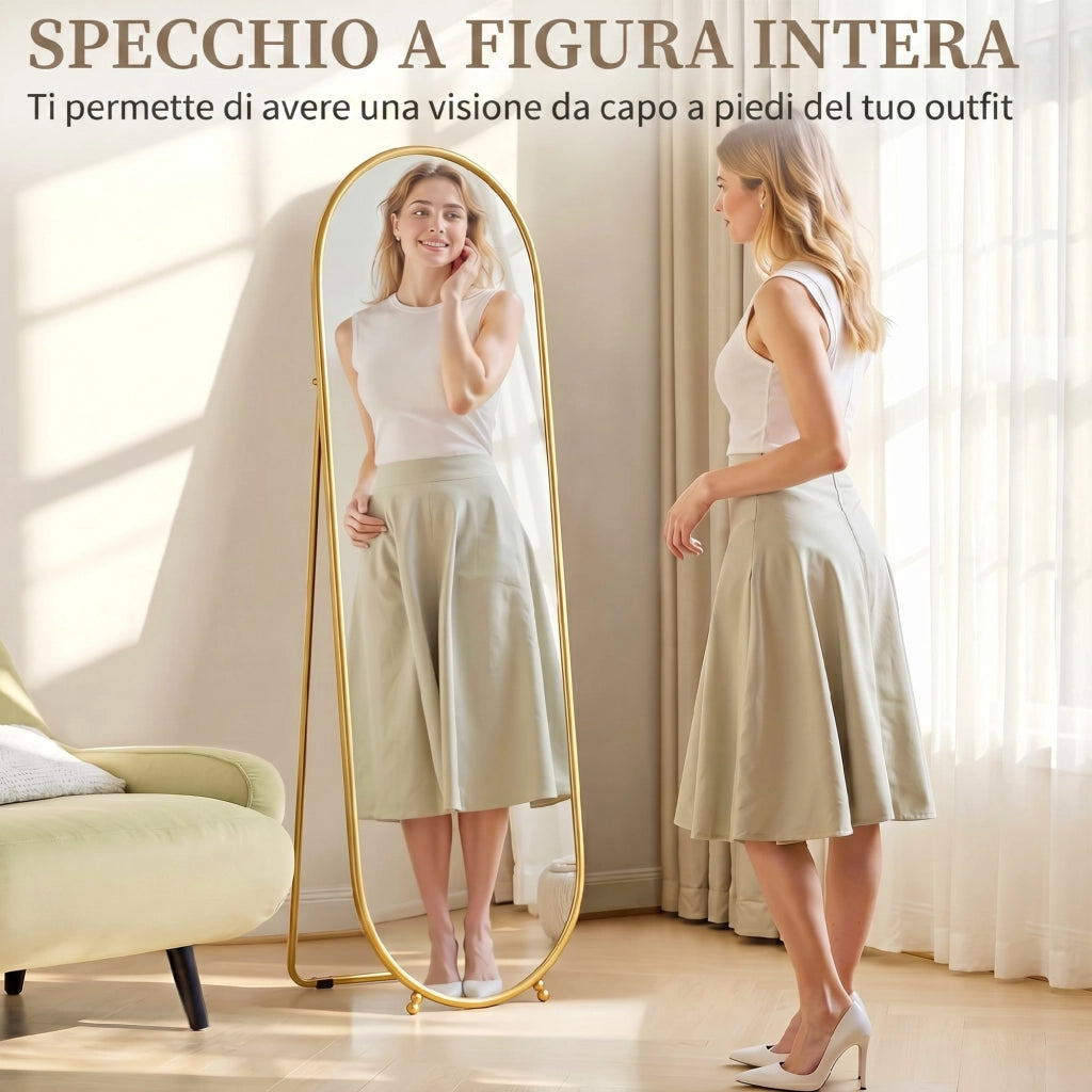 Specchio da Terra Ovale con Supporto ¨C Minimal ¨C Vetro Metallo Oro 40x41x159