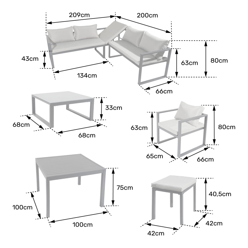 Set di mobili da giardino modulari IBIZA in tessuto grigio per 7 persone - alluminio bianco