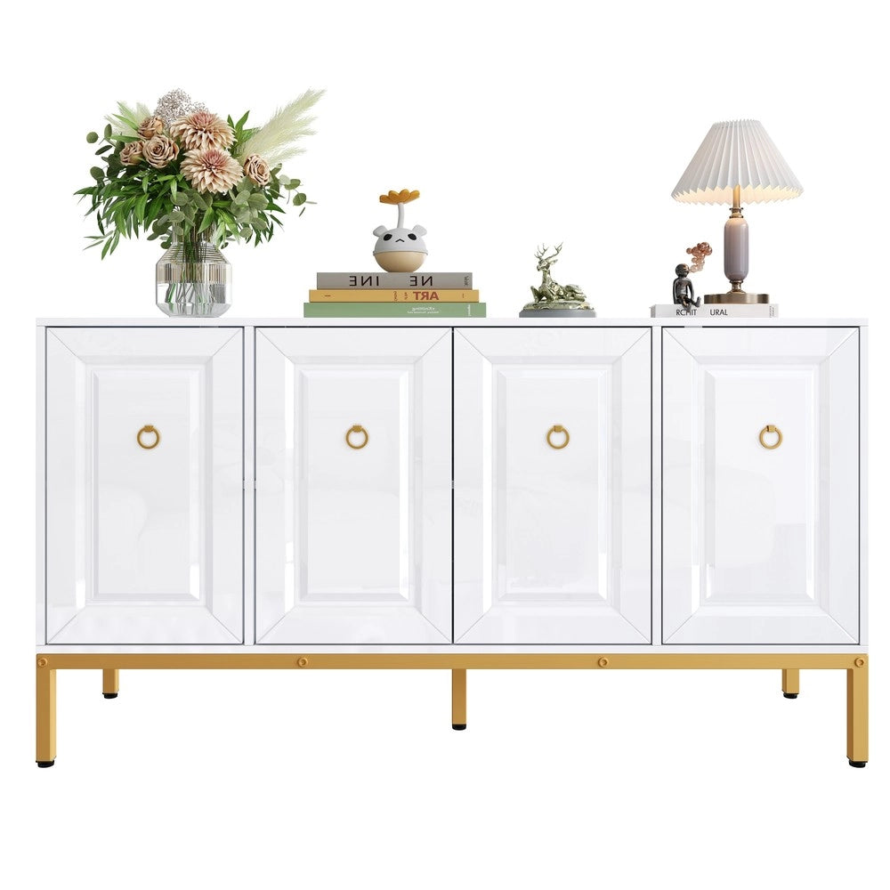 Libreria con Ripiani e Ante ¨C MINIMAL ¨C Bianco Lucido, Gambe Dorate, 140x80x40