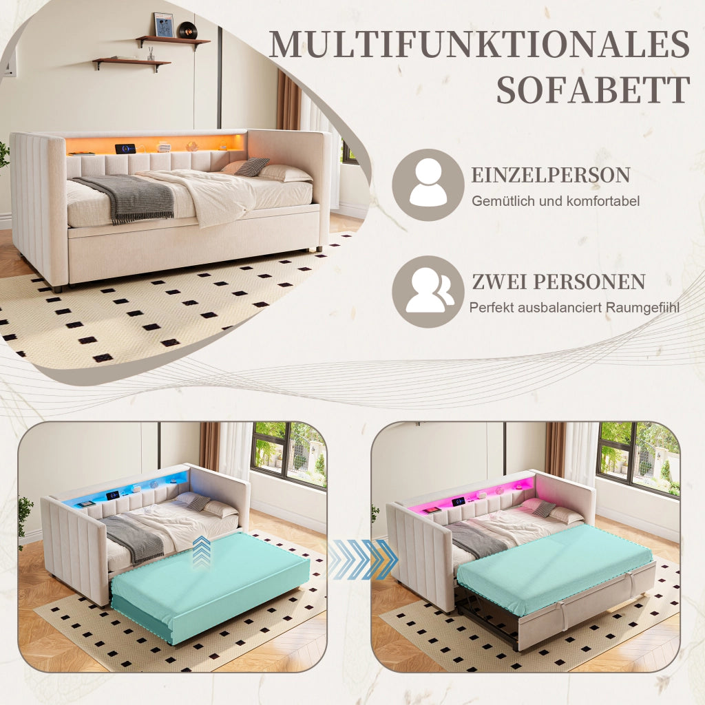 LETTO Estraibile 90x190 cm in velluto Beige con LED e USB-Type-C