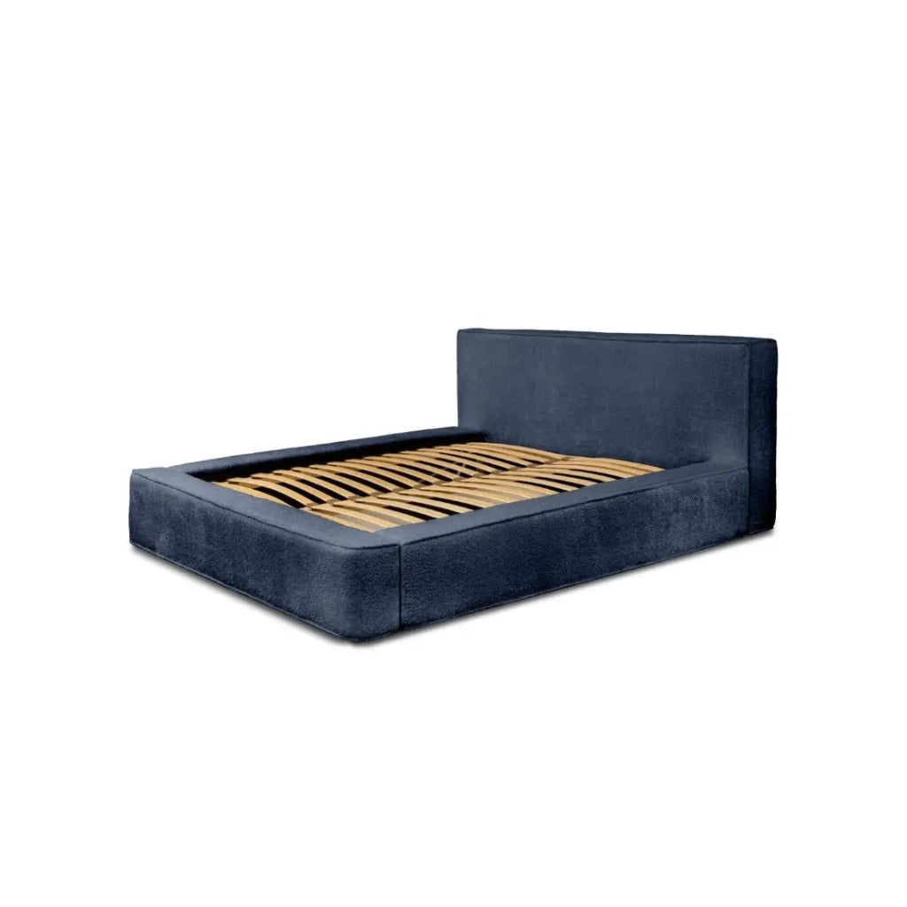 Letto con contenitore VELORA – Blu acciaio bouclé – 140x200 cm – Tessuto velluto morbido – Rete sollevabile – Spazio di stoccaggio integrato
