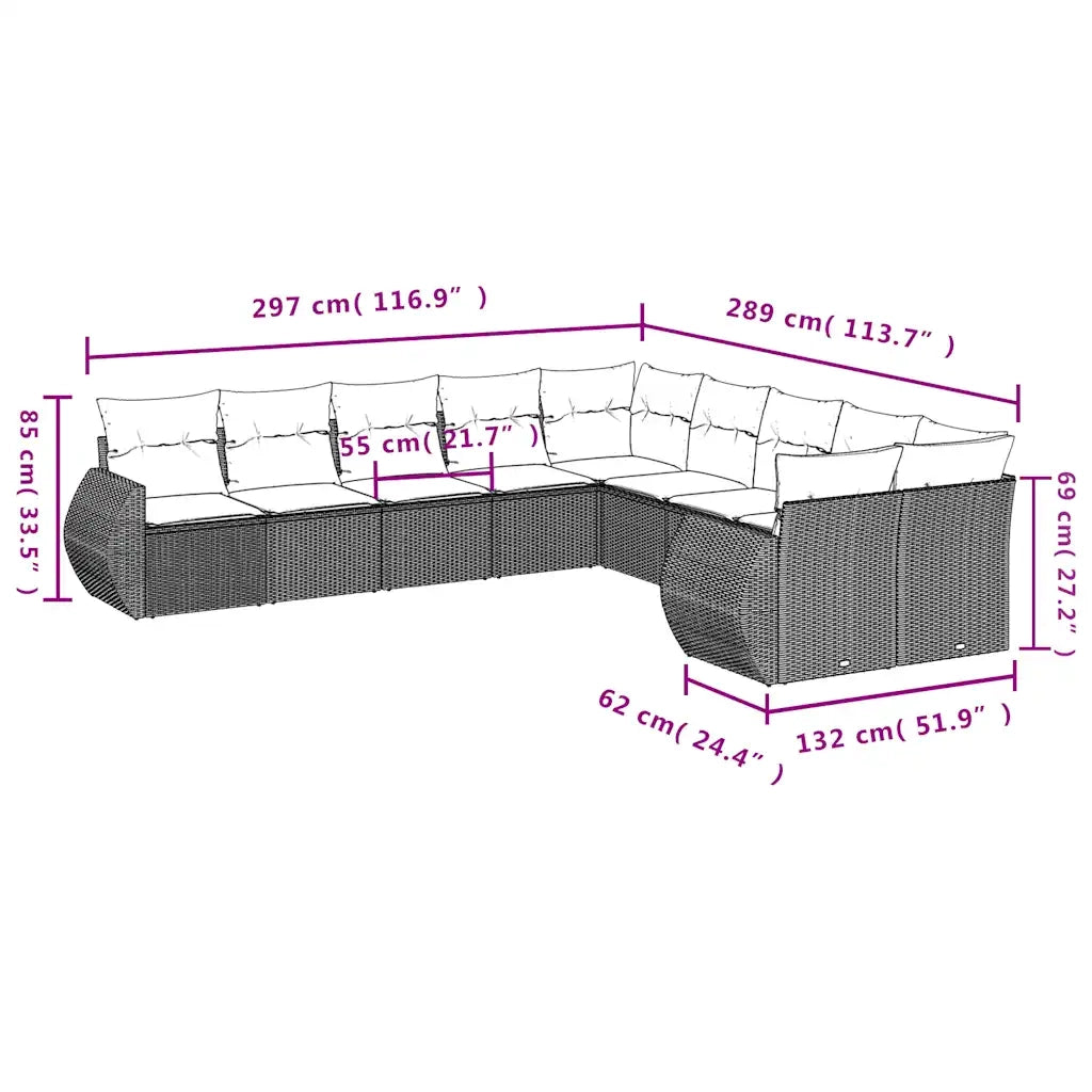 Set Divani da Giardino 10pz con Cuscini in Polyrattan Marrone 3221912