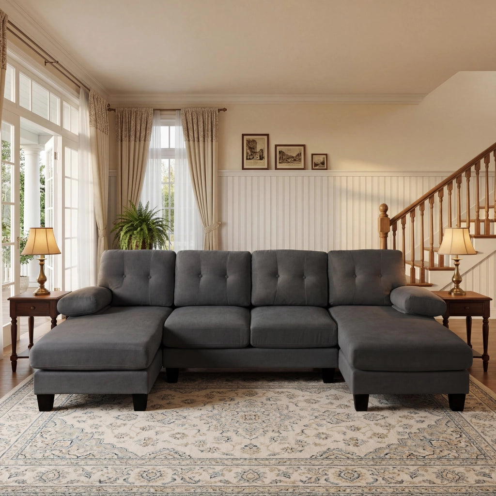 Divano letto angolare 4 posti con chaise longue ¨C MINIMAL ¨C Grigio, tessuto chenille