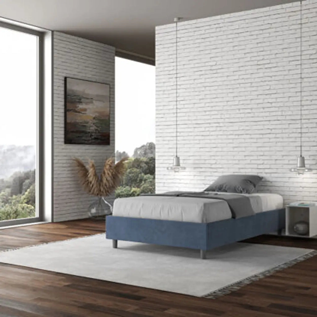 Letto una piazza e mezza con rete imbottito 120x210 microfibra blu Azelia