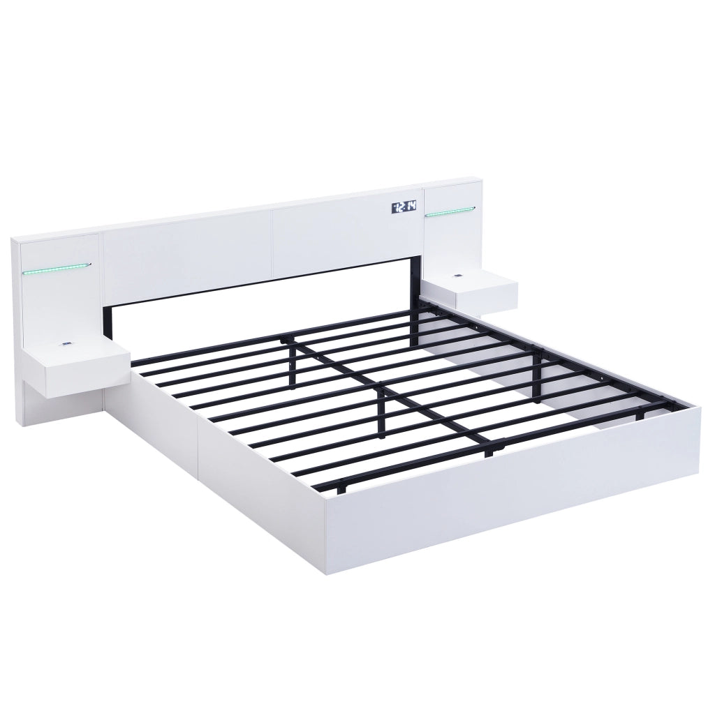 Letto 160x200 cm con Bluetooth; USB-A e USB-C; orologio elettronico e luce colorata; MDF bianco