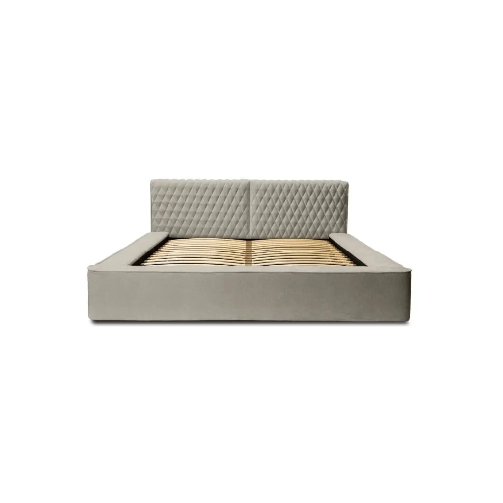 Letto contenitore VERNON – Tessuto bouclé chenille Taupe fumé – 140x200 cm – Rete sollevabile – Design di alta gamma