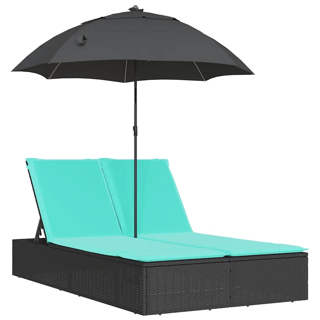 Lettino Prendisole Doppio Cuscini e Parasole Nero in Polyrattan 368089