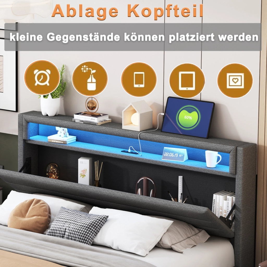 LETTO Imbottito 140x200 cm Grigio con USB e LED, rete a doghe