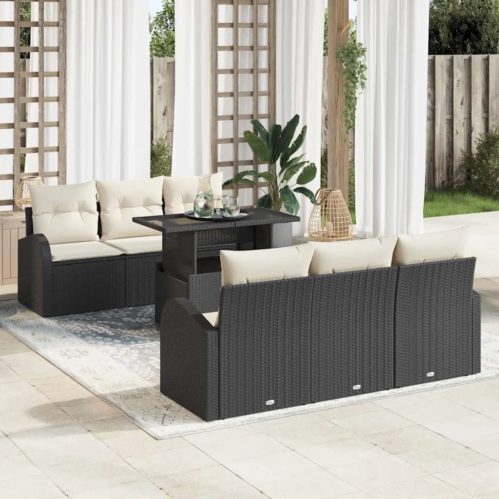 Set Divano da Giardino con cuscino 7 pcs Nero Poly Rattan