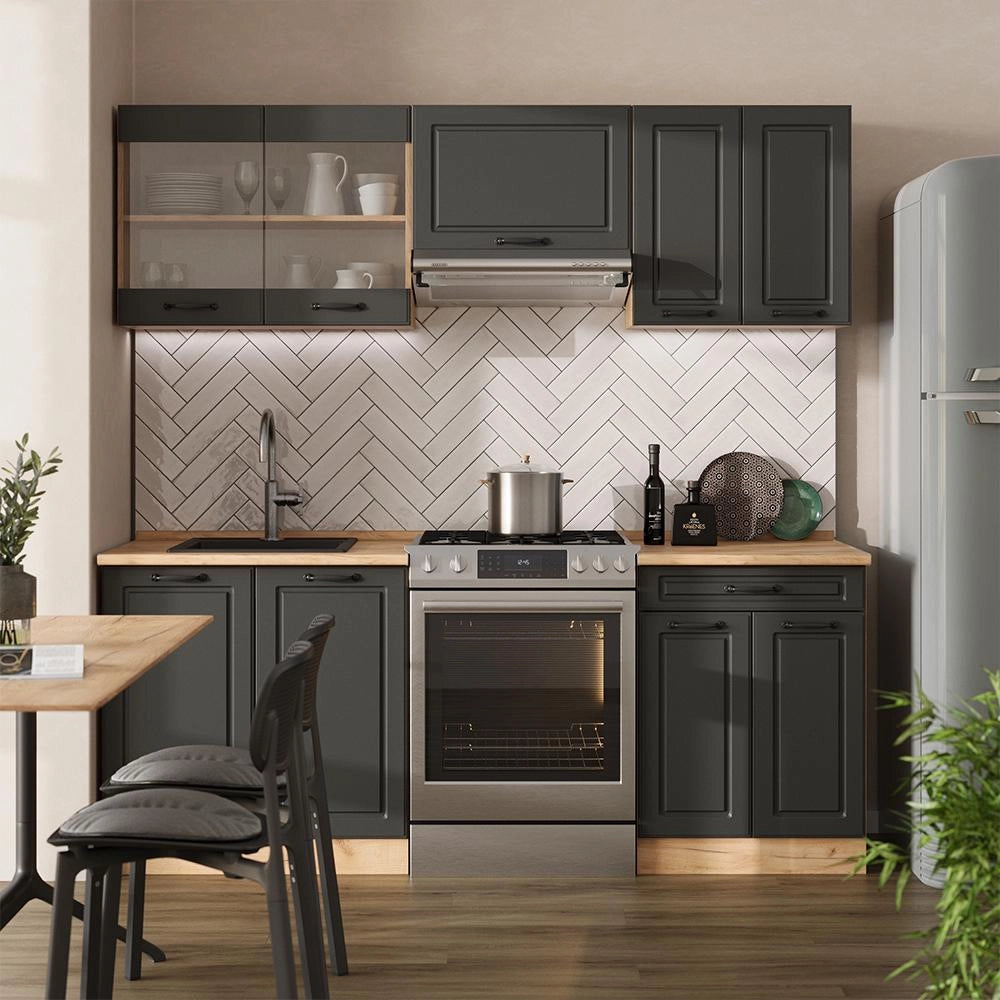 Cucina componibile R-Line Antracite rustico/Rovere dorato 200 cm senza piano di lavoro Vicco