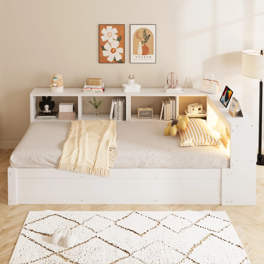 LETTO Multifunzione 90x200 cm Bianco con LED e prese integrate