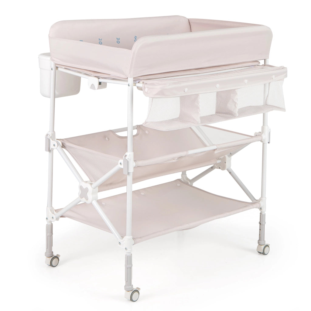 Fasciatoio pieghevole neonati ruote impermeabile altezza regolabile-Fasciatoio cambio pannolini ripiano portaoggetti mensole cestino rifiuti Beige