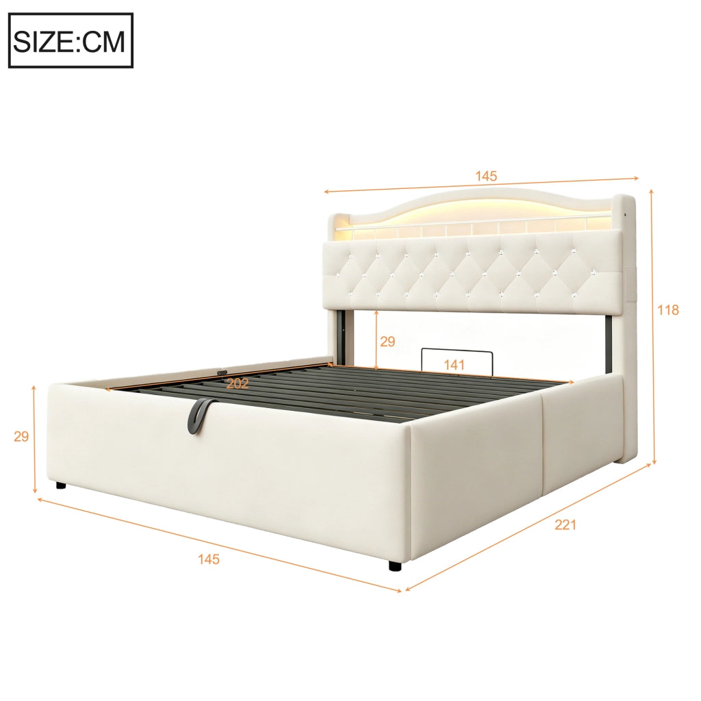 LETTO Contenitore 140x200 cm Beige in tessuto e metallo con LED, USB e USB-C