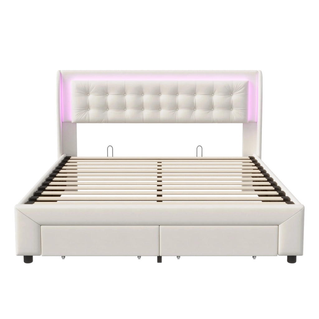 Letto matrimoniale contenitore idraulico 140x190 cm, imbottito velluto beige, testiera LED RGB telecomandata, 2 cassetti, 350kg