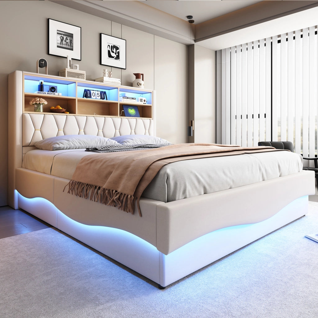 LETTO Contenitore 180x200 cm Beige in ferro con LED e USB