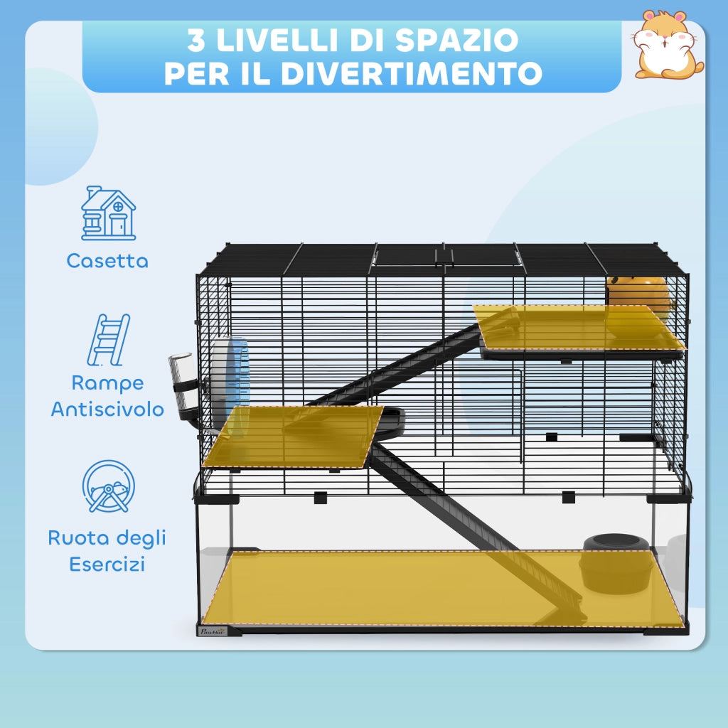Gabbia per Criceti a 3 Livelli con Ruota e Accessori ¨C Minimal ¨C Nero 76.5x48.5x54.5 cm
