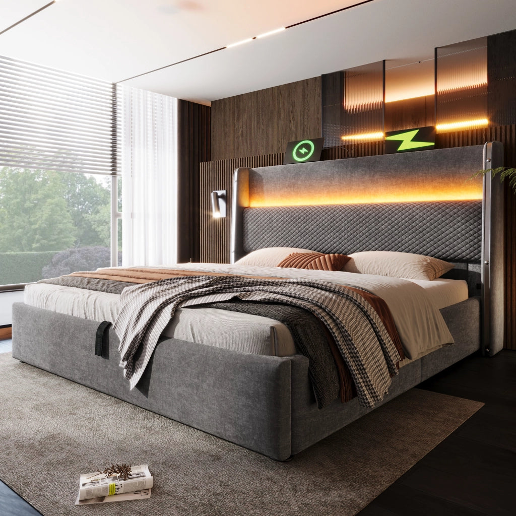 Letto contenitore 140 × 200 cm con testiera alta, LED, USB e Type-C, materasso incluso, grigio