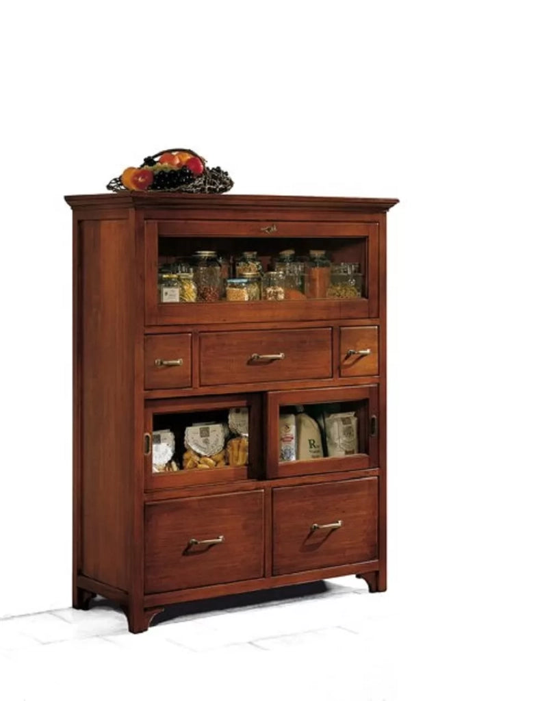 Dispensa arte povera in legno massello 3 ribalte 5 cassetti tinta noce 110x45x140 - Mobili 2G