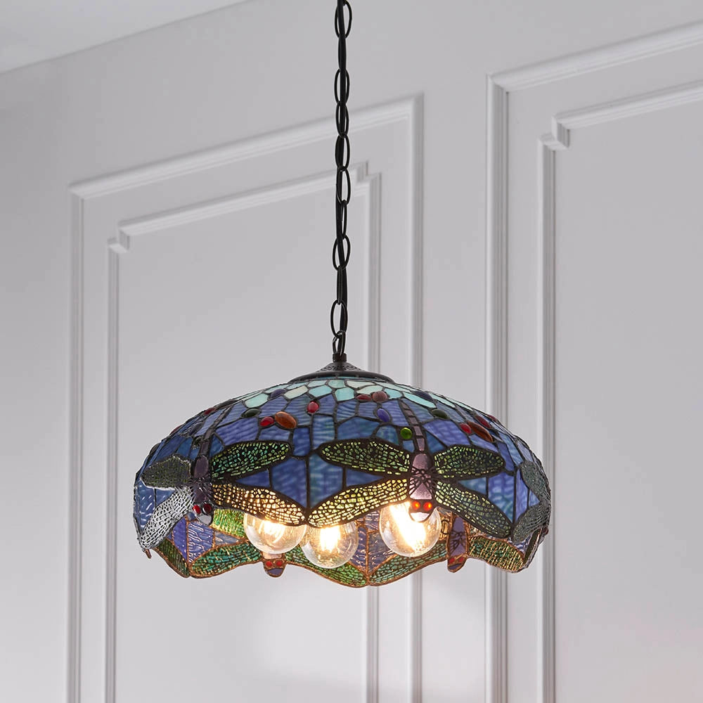 Lampada a sospensione Tiffany in vetro Blu Libellula 3xE27