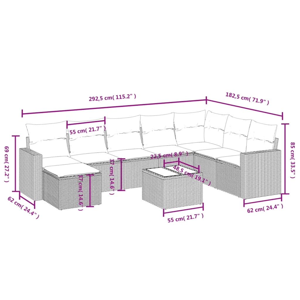 Set Divani da Giardino 9 pz con Cuscini Nero in Polyrattan 3263592