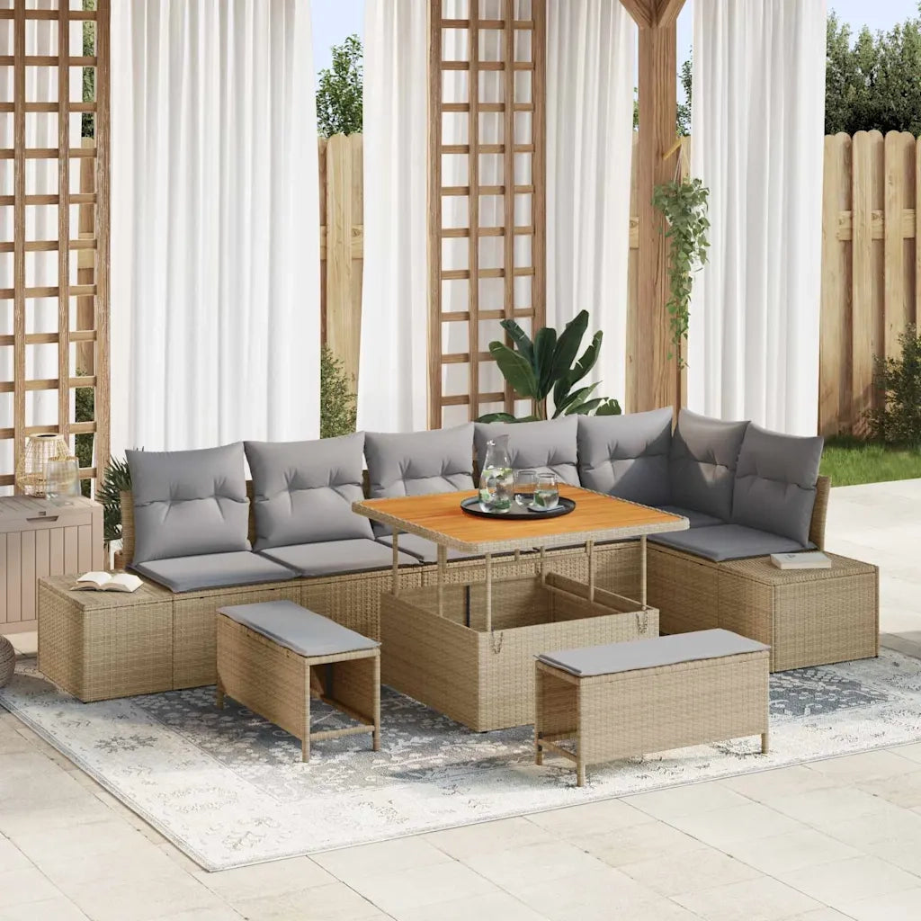 Set Divano da Giardino con cuscino 9 pcs Beige polyrattan