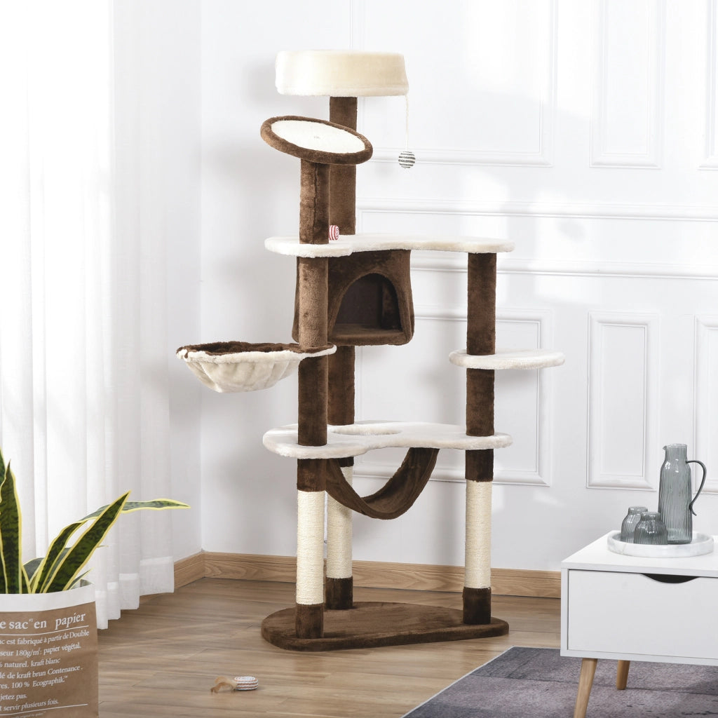 Torre per Gatti Grande con Piattaforme, Amaca e Cuscini ¨C Minimal ¨C Marrone 65x50x153 cm