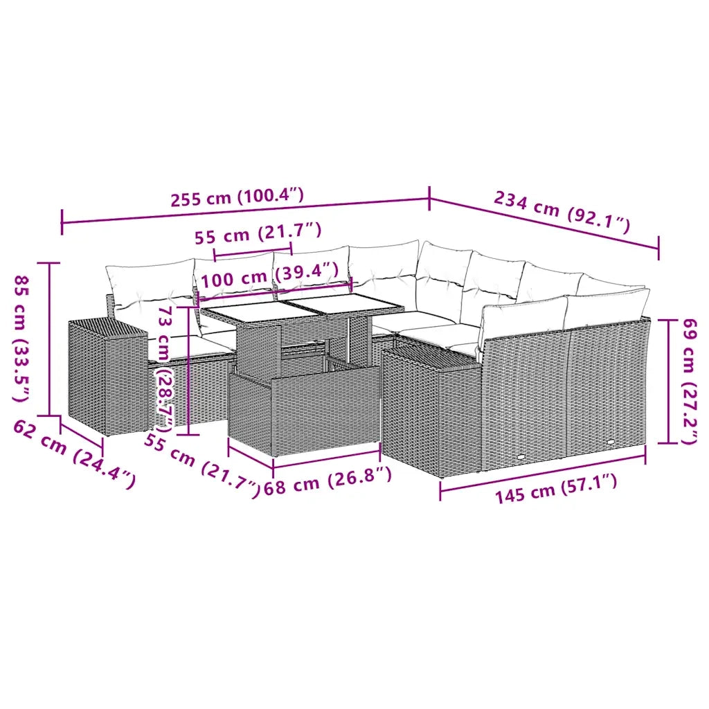 Set Divani da Giardino 9 pz con Cuscini Nero in Polyrattan 3269055
