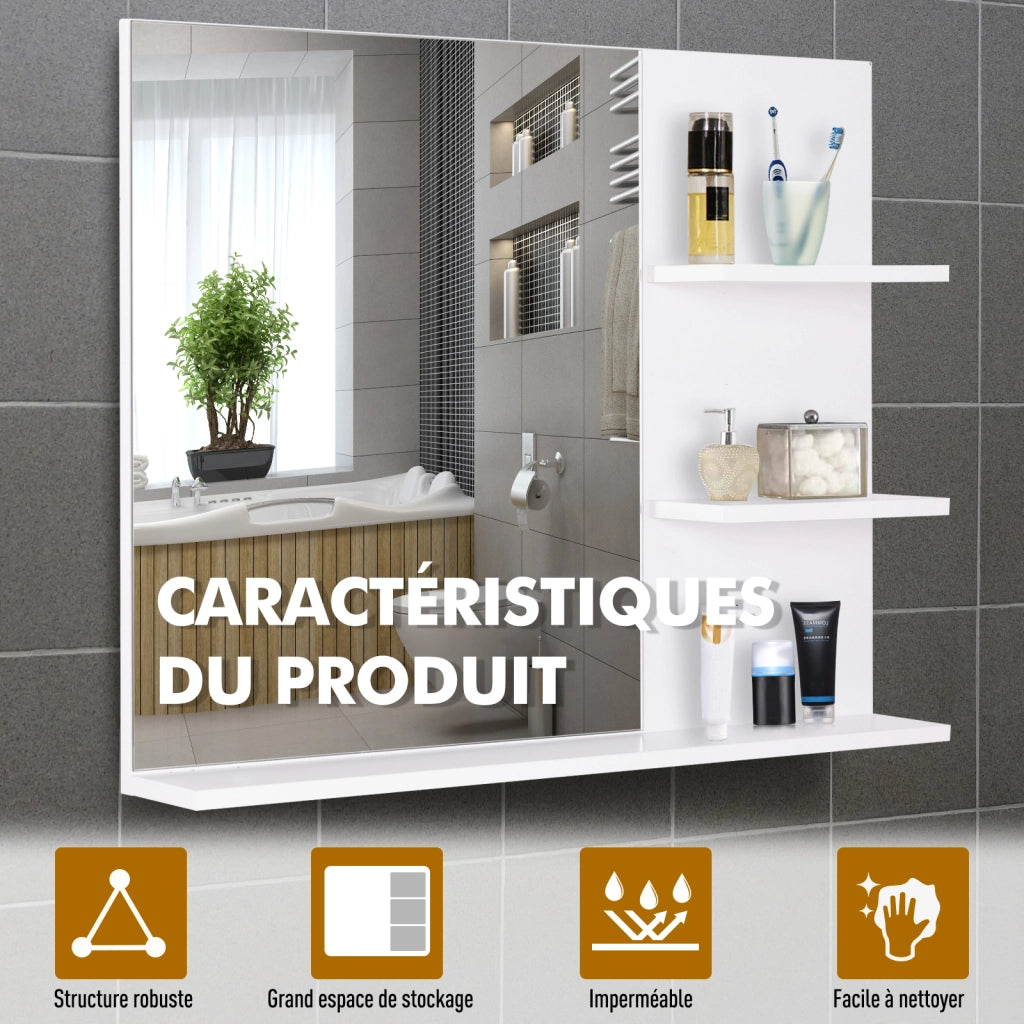 Specchio da Bagno con Mensole ¨C Xylo ¨C 2 Ripiani Laterali + Ripiano Inferiore - MDF Bianco
