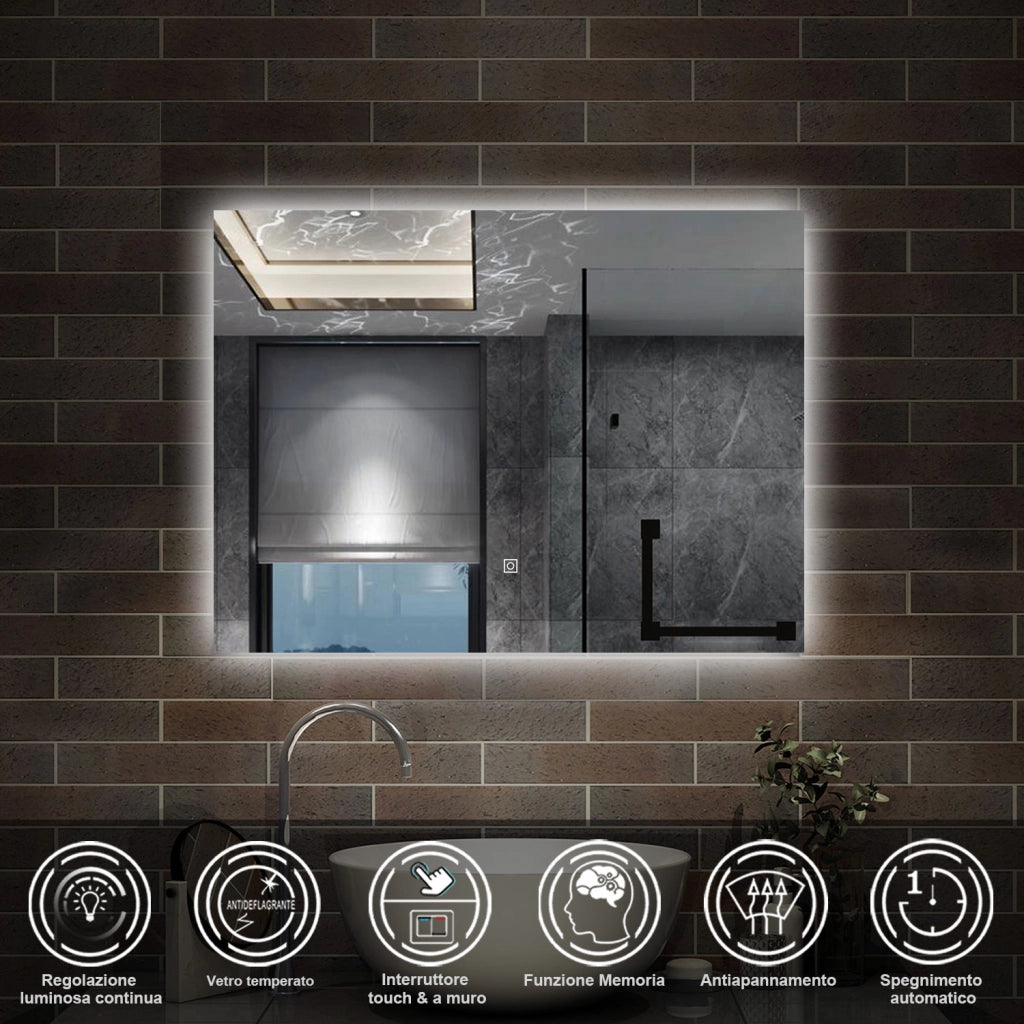 specchio 80 x 60 cm rettangolare con luce led antiappannamento e touch