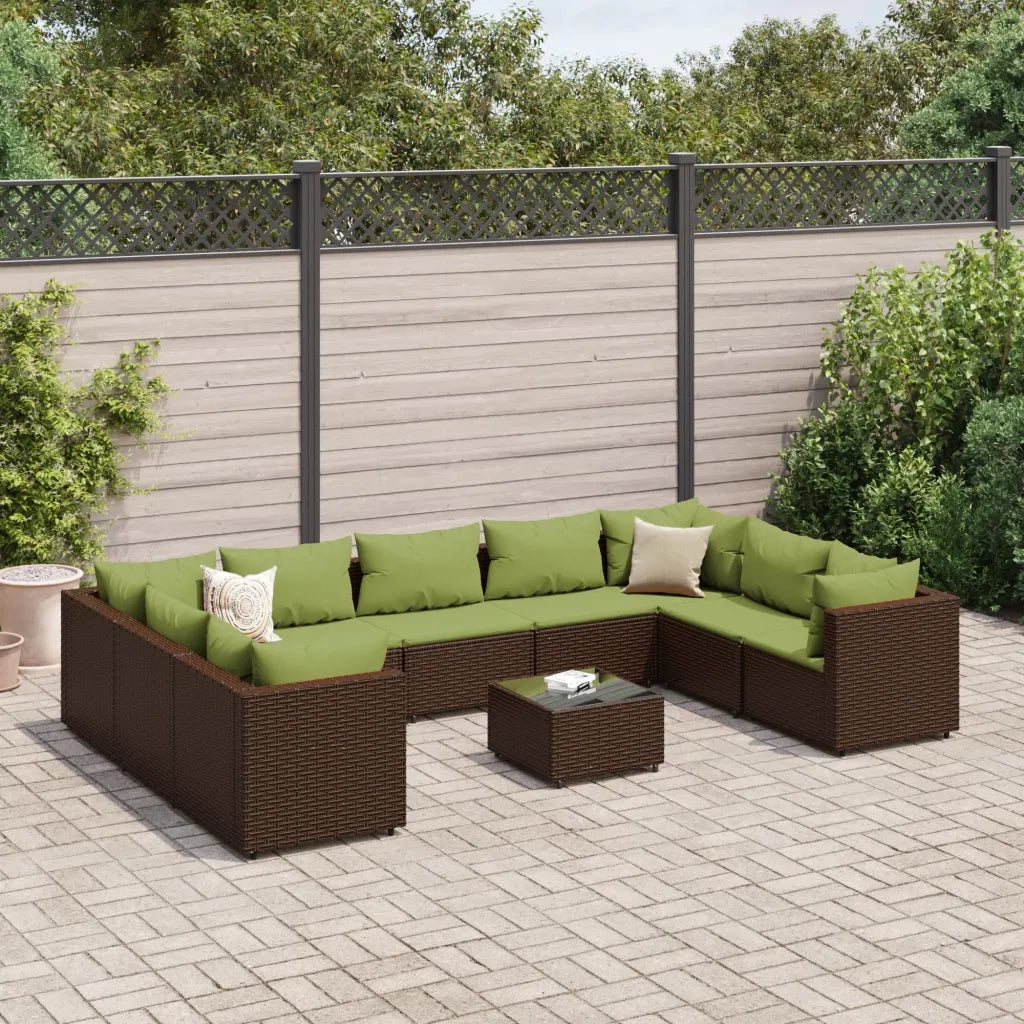 Set Divani da Giardino 10 pz con Cuscini in Polyrattan Marrone