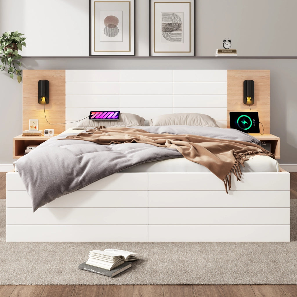 LETTO Contenitore 140x200 cm Bianco e Rovere con 2 cassetti