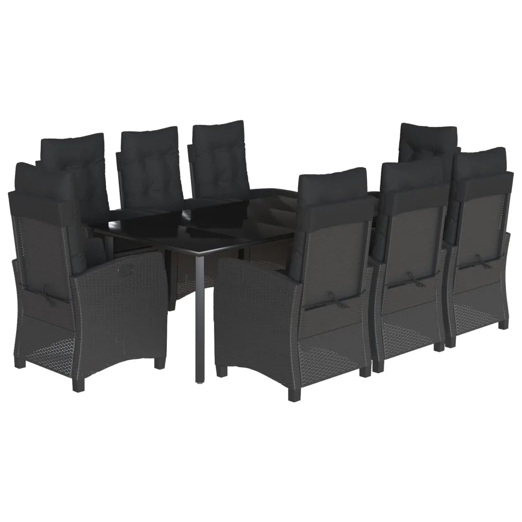 Set da Pranzo da Giardino 9 pz con Cuscini Nero in Polyrattan