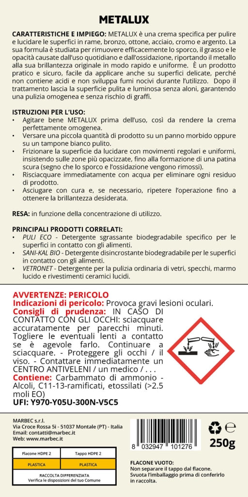 Crema lucidante metalli, pulizia e brillantezza in un solo gesto, ideale per rame e acciaio Marbec METALUX - 250GR
