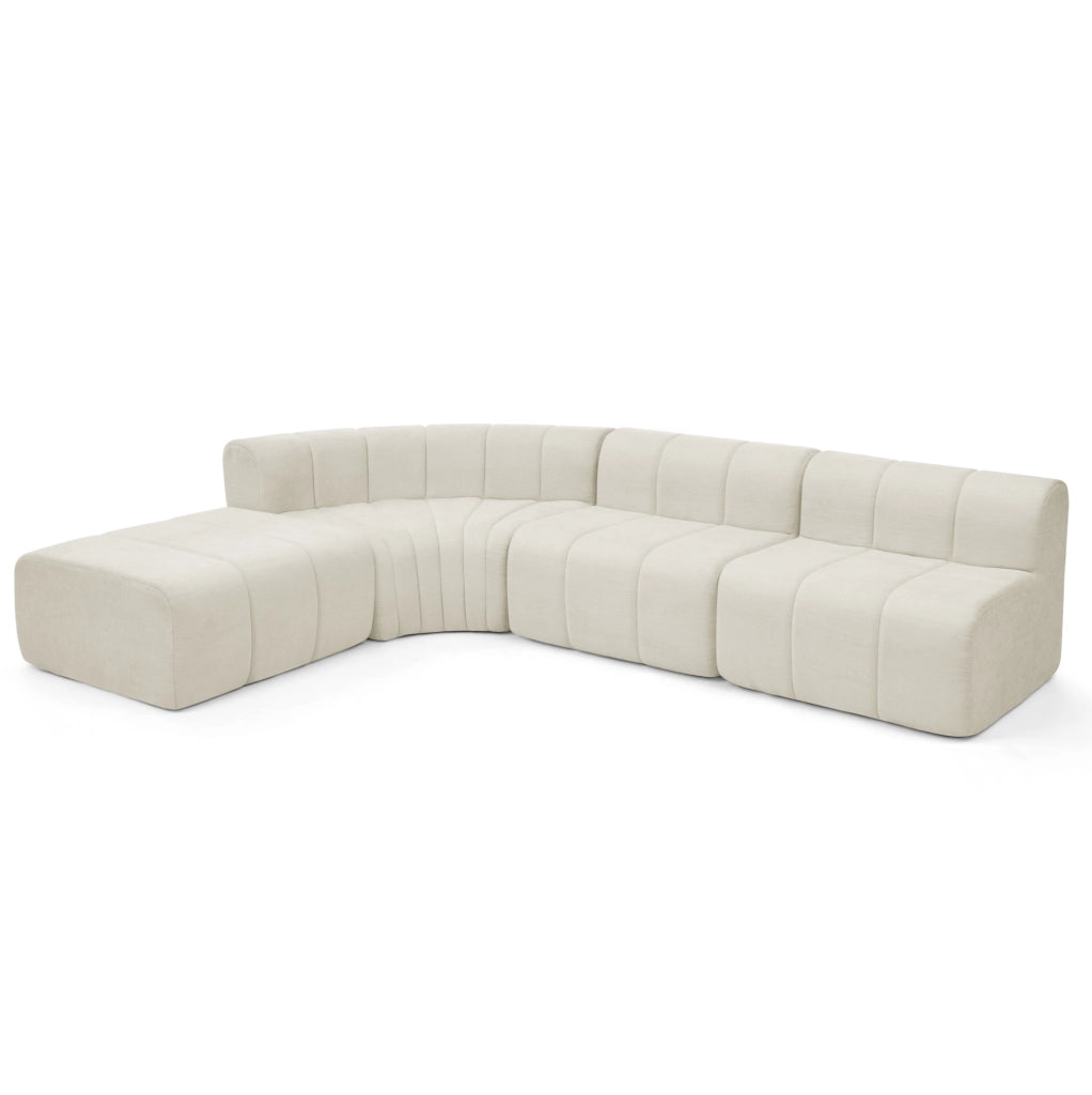 Divano angolare modulare a 4 posti in chenille beige; componibile e multifunzione