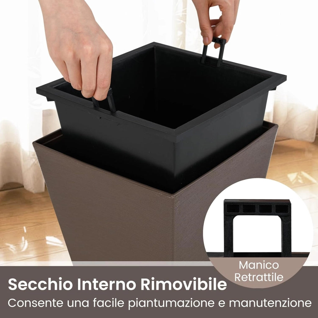2 Vasi Alti Quadrati, Vasi da Fiori Auto-irriganti con Secchio Interno Rimovibile e Fori di Drenaggio, Contenitori Decorativi per Piante da Interno ed Esterno (29,5 x 29,5 x 57 cm)